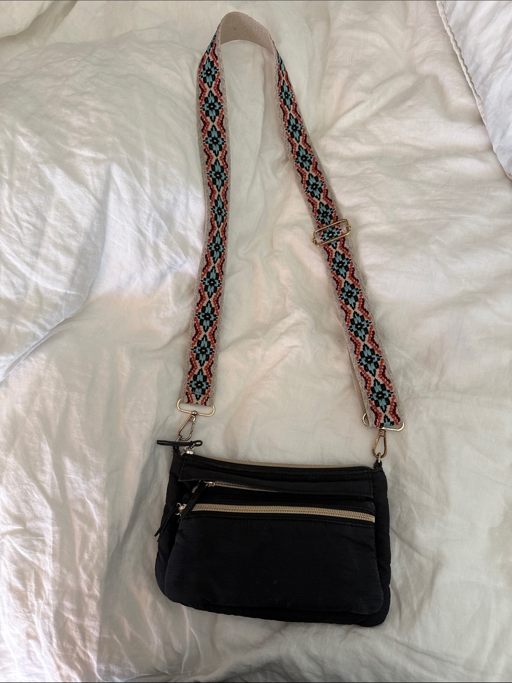Stella & Dot Black Crossbody with Multicolor Woven Strap